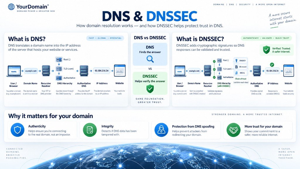 Overview illustration of domain DNS infrastructure with DNSSEC validation layer