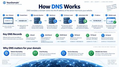 Diagram of DNS resolution: user query flowing through recursive resolver, root, TLD and authoritative servers to reach a website