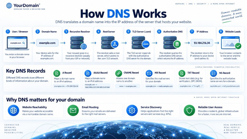 Diagram of DNS resolution: user query flowing through recursive resolver, root, TLD and authoritative servers to reach a website