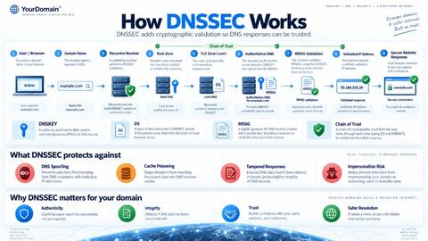 Infographic of DNSSEC validation from signed zone data through DS links to a trusted DNS answer