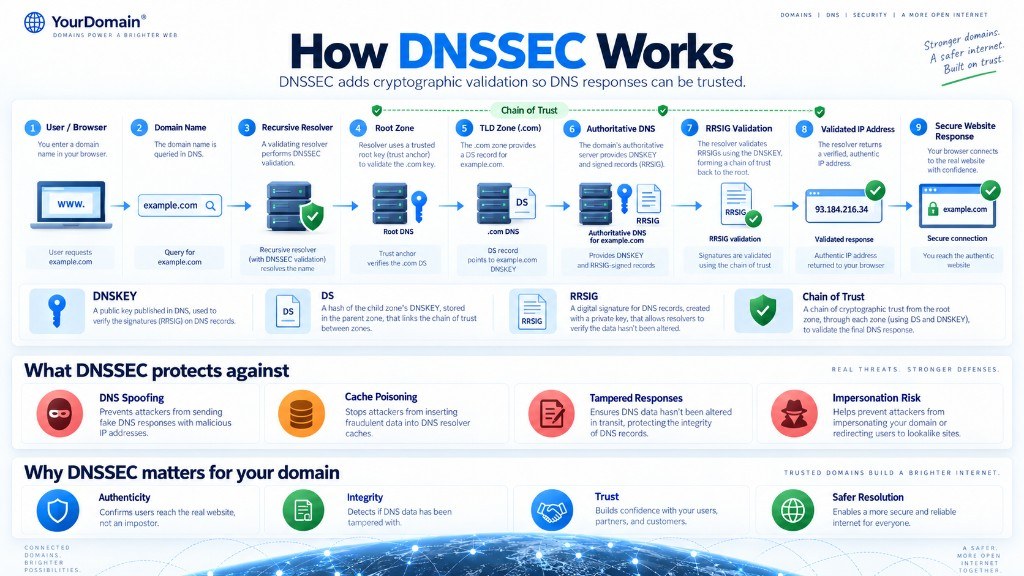 Infographic of DNSSEC validation from signed zone data through DS links to a trusted DNS answer