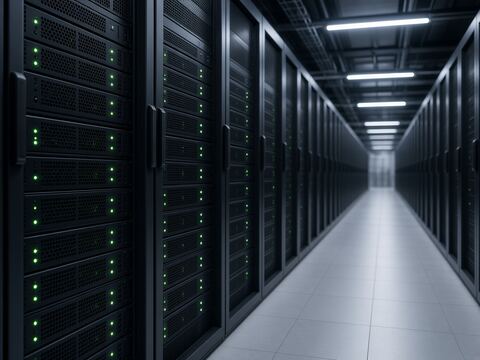 Server racks in a data center with green status lights